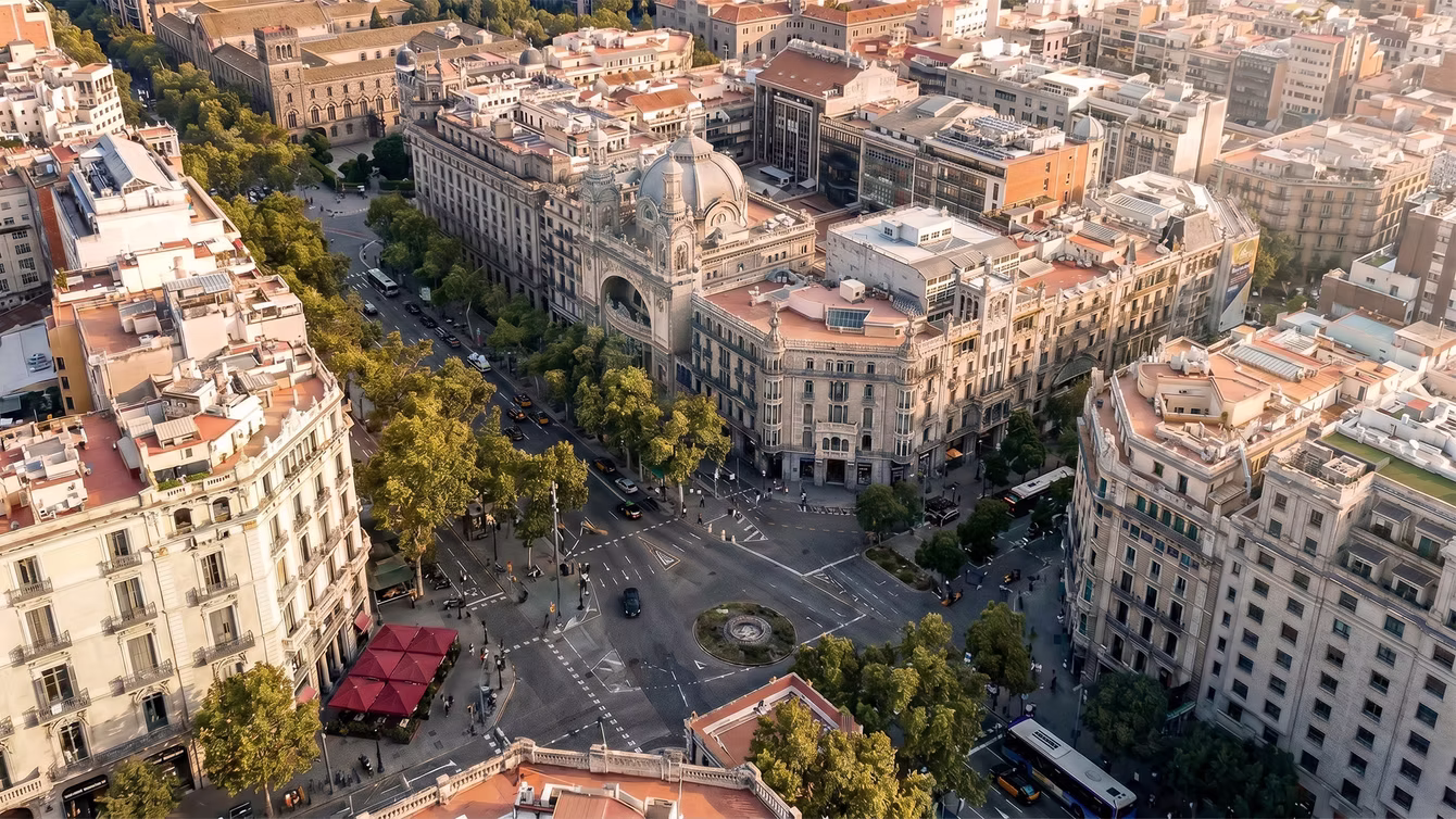 Aerial view of a city square where several boulevards meet